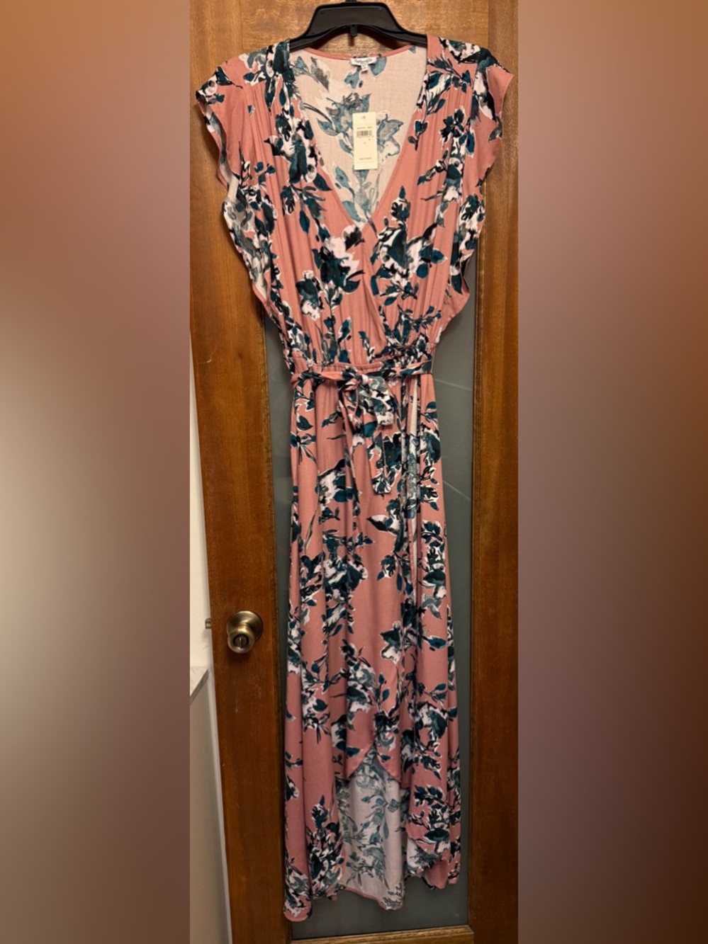 Splendid Tulip Sleeve Painted Floral Faux Wrap Maxi Hi Low Dress medium